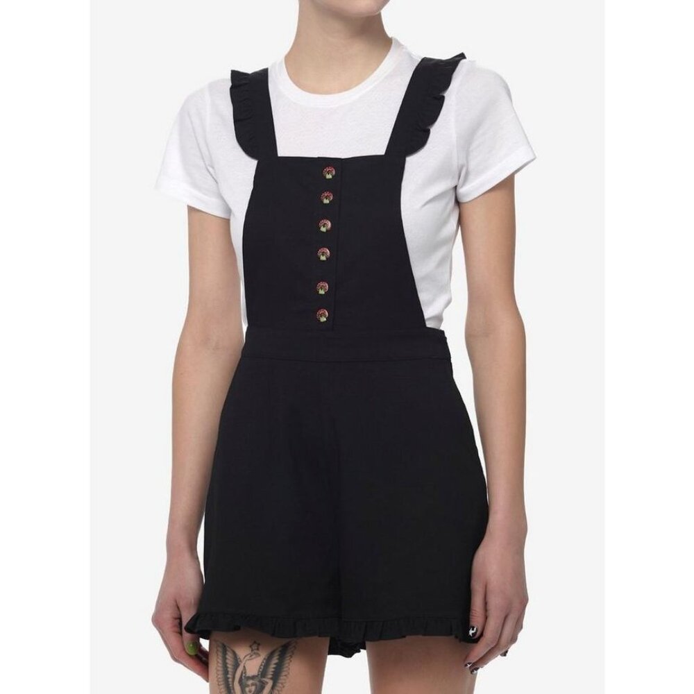 ⭐️Hot Topic M Black Mushroom Button Shorts Overalls Ruffle Forest Fairy Grunge